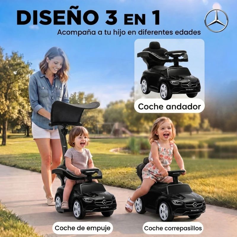 AIYAPLAY Correpasillos Bebés 3 en 1 Mercedes-Benz con Barra de Empuje Capota Barandilla de Seguridad Música 12-36 Meses Negro