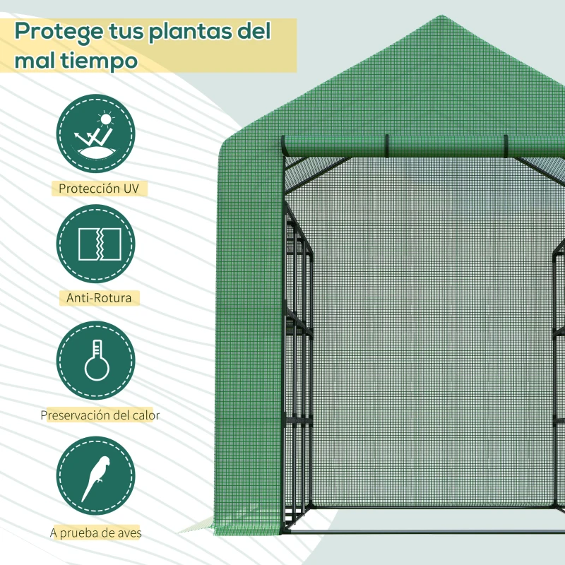 Outsunny Invernadero de Exterior con Estantes de 4 Niveles Puerta con Cremallera y Marco de Acero 244x180x210 cm Verde