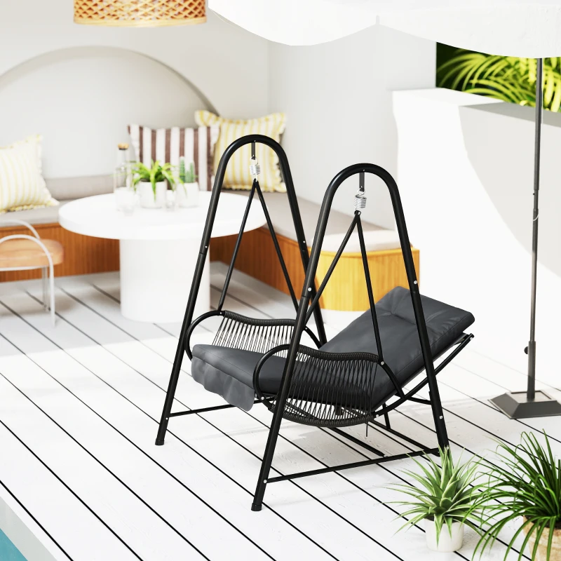 Outsunny Rattan Swing Chair, Outdoor Garden Hanging Swing Seat with Stand and Seat Cushion, Porch Hanging Chair for Balcony, Garden, Deck, Dark Grey