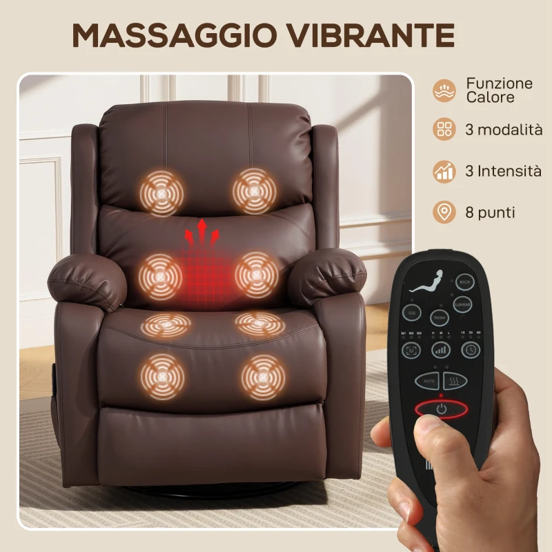 HOMCOM Poltrona Relax Reclinabile con 8 Punti Massaggianti, Riscaldanti e Poggiapiedi, 87x97X100 cm, Marrone