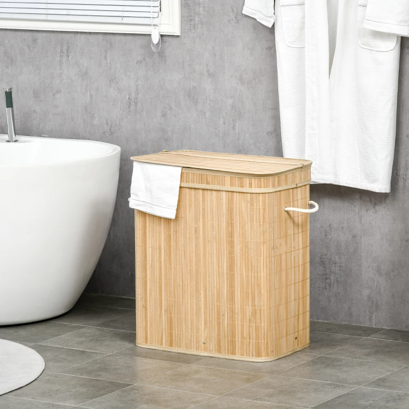 HOMCOM Panier à linge en bambou avec couvercle et poignées capacité 90 litres avec 2 sections et un sac amovible en tissu - 54,2 x 35,2 x 59,5 cm
