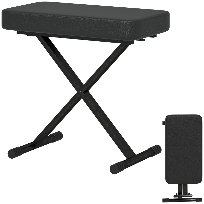 HOMCOM Sgabello per Pianoforte Pieghevole e Regolabile su 4 Altezze, in Pelle PU, Schiuma e Metallo, 60x32x53-63 cm, Nero