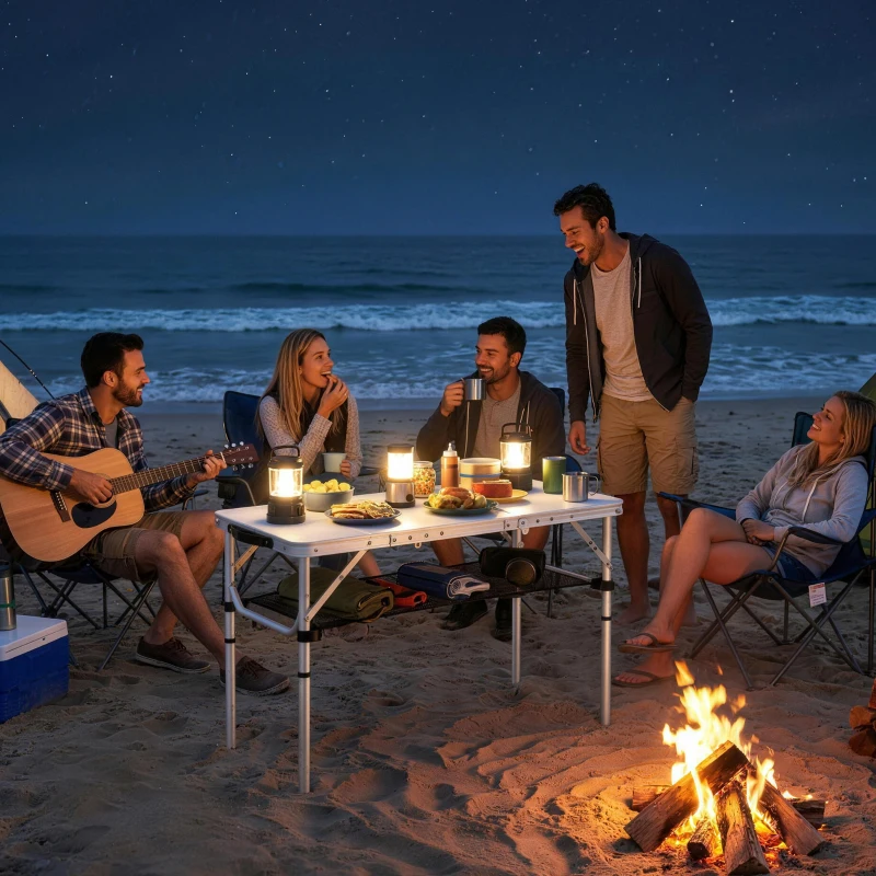 Outsunny 3ft Folding Camping Table, Picnic Table with Mesh Storage Layer, Carrying Bag and Metal Frame, Cream White