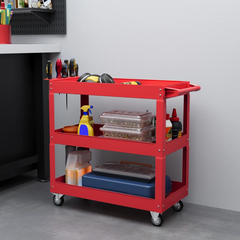 DURHAND Carro de Taller de Acero con 3 Estantes de Almacenamiento y Asa Lateral Carga 150 kg 83x35,3x76 cm Rojo
