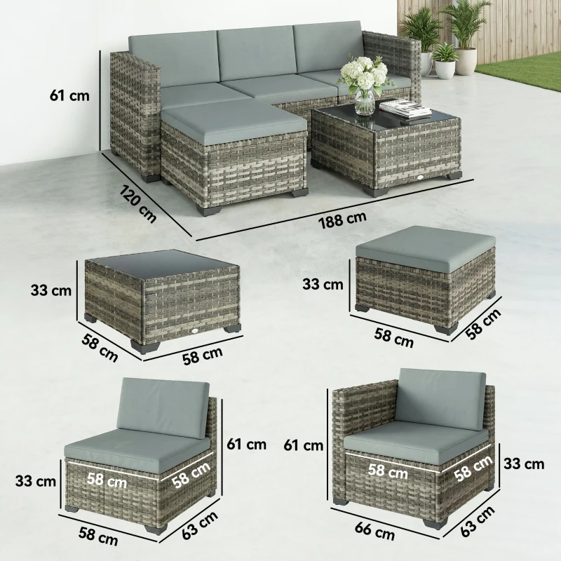 Outsunny Conjunto de Jardim em Vime de 5 Peças Inclui Almofadas 2 Poltronas de Canto Poltrona sem Braços Apoia-Pés e Mesa de Centro Cinza Claro