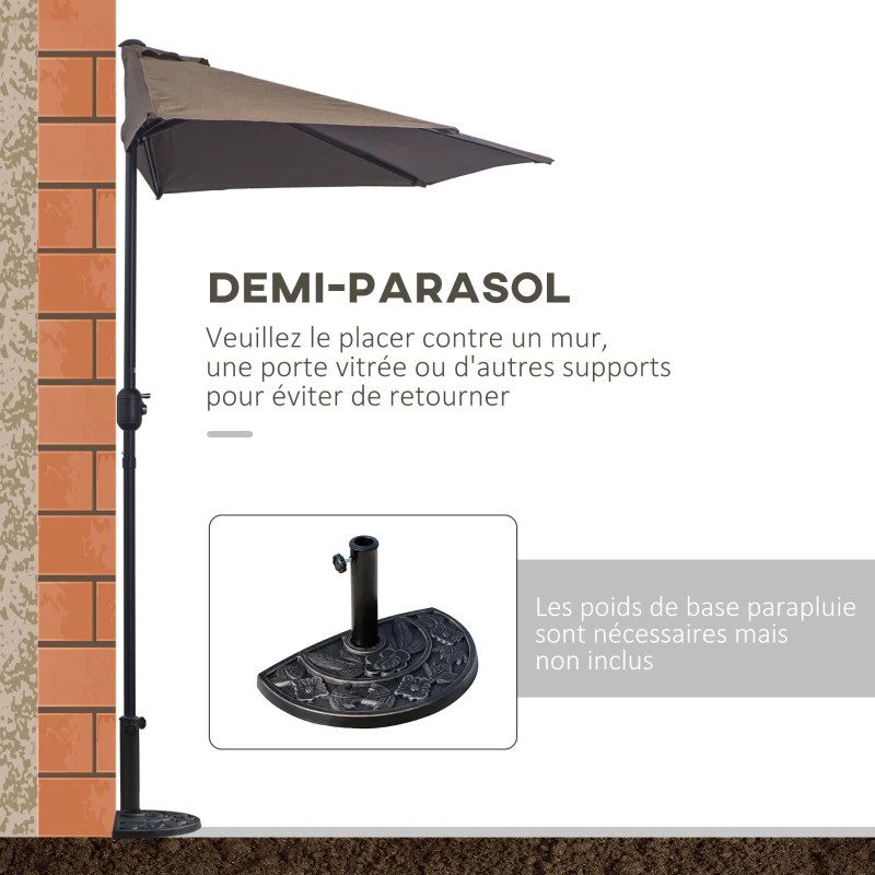 Outsunny Demi-parasol 2,7 x 1,4 m parasol de balcon ouverture fermeture manivelle, 5 entretoises métal, polyester 180 g/m², café