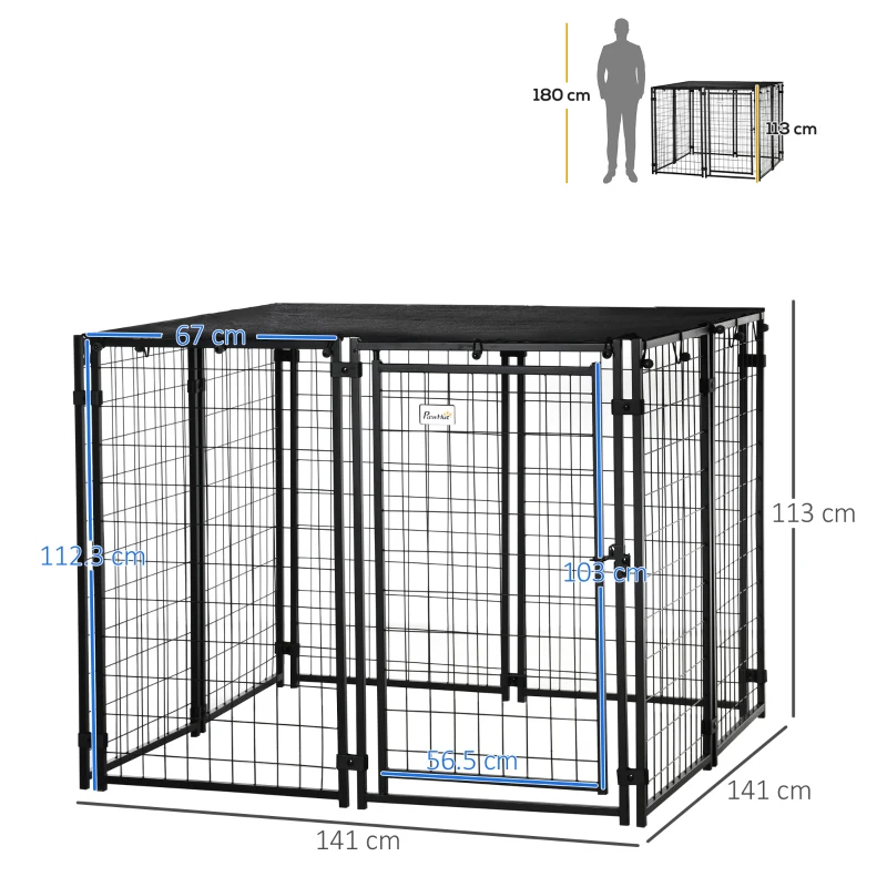 PawHut Recinto per Cani Pieghevole con Copertura, 8 Pannelli con Porta Bloccabile, 141x141x113cm, Nero