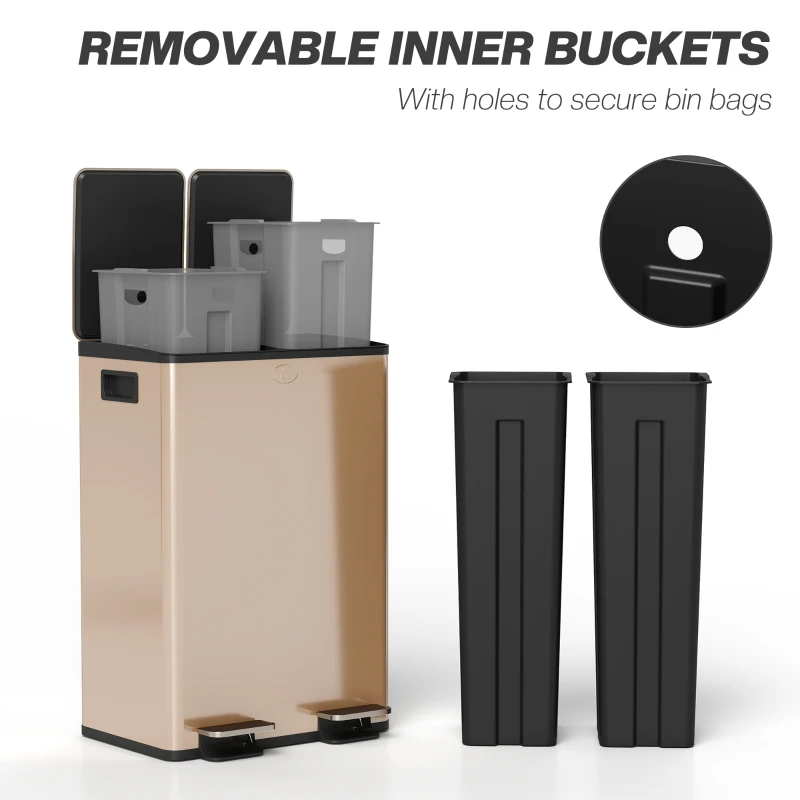 HOMCOM 56L Dual Compartment Stainless Steel Bin, with Deodoriser Holders - Gold Tone