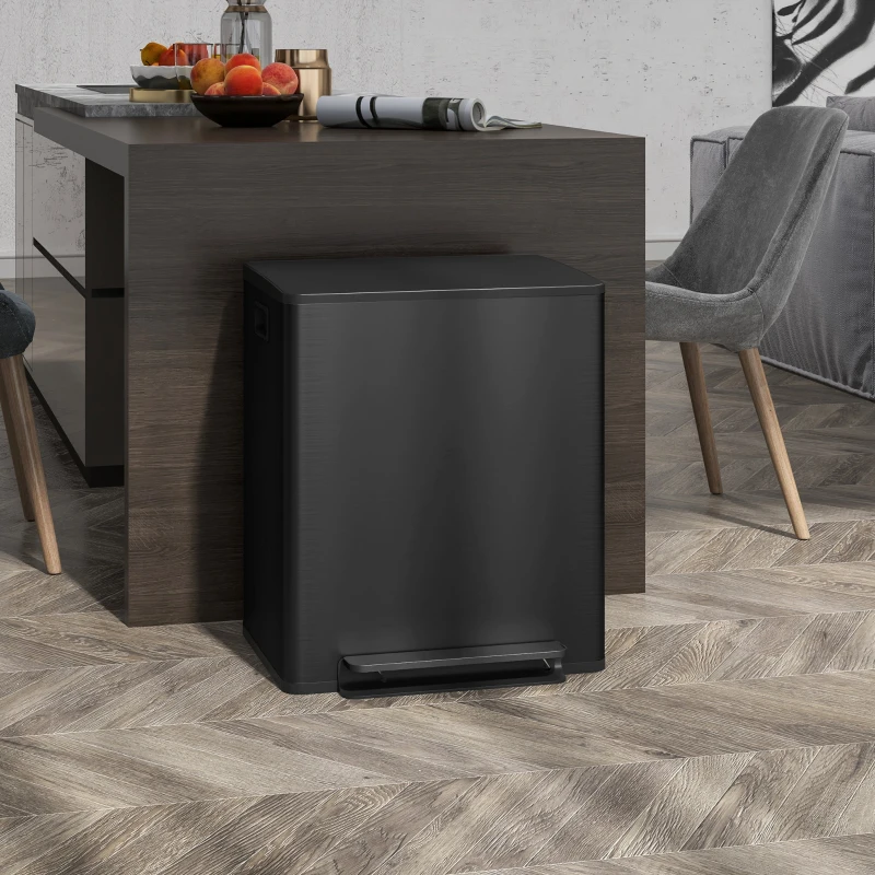HOMCOM Poubelle de cuisine 2 compartiments de 2 x 25L, acier inoxydable, couvercle à fermeture douce, 47,7x37,5x56cm, noir
