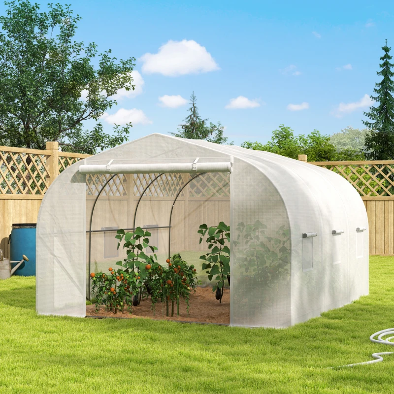 Outsunny Serra a Tunnel per Giardino con 6 Finestre e Porta a Rullo, in Acciaio e PE, 3.5x3x2 m, Bianco