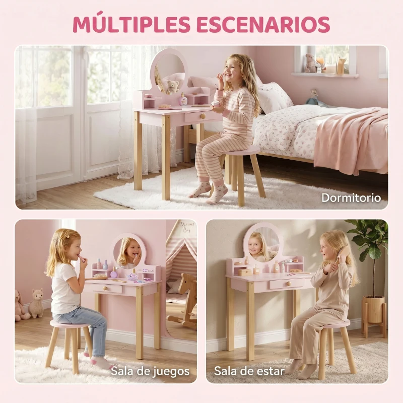 AIYAPLAY Tocador de Maquillaje Niña Tocador Infantil con Taburete Espejo Cajón y 2 Estantes Abiertos para Niños 3 a 6 Años Rosa