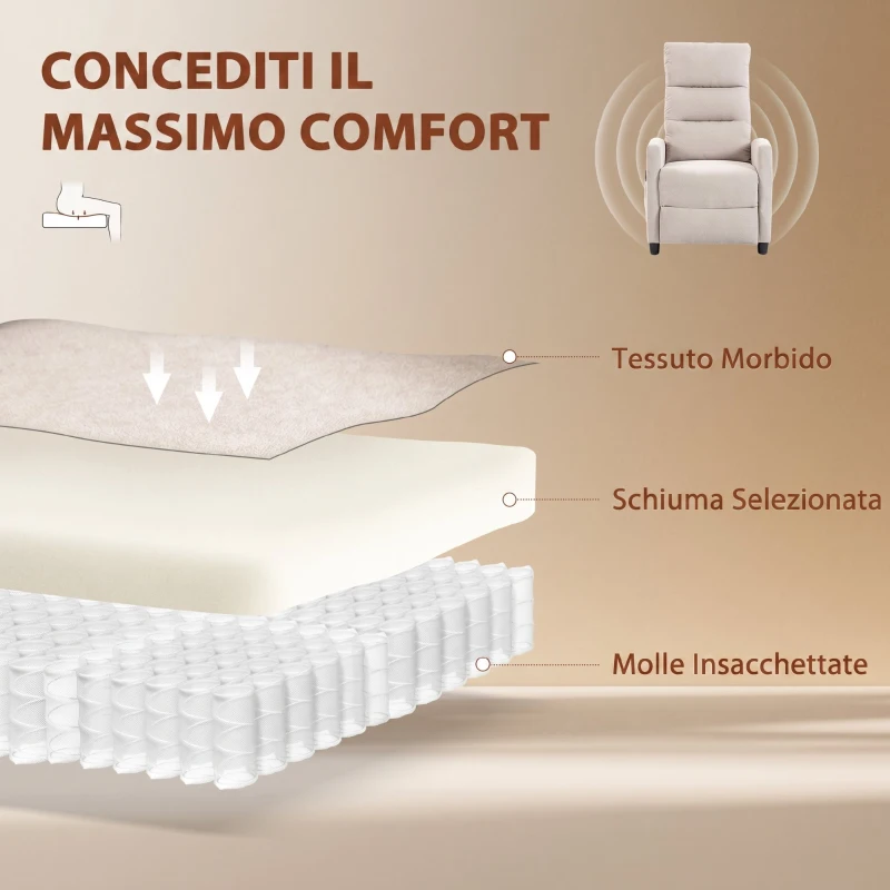 HOMCOM Poltrona Massaggiante e Reclinabile a 160° con Poggiapiedi e Telecomando, 66x91x108 cm, in Ciniglia Bianco Crema