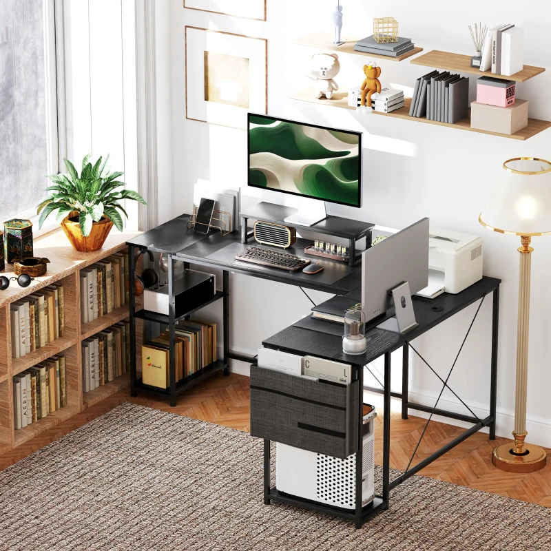 HOMCOM Bureau d'angle modulable réversible 168-240 cm style industriel - étagère réglable, sac de rangement, support d'écran
