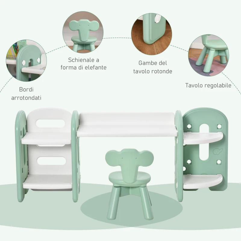 HOMCOM Tavolo e Sedia per Bambini 1-4 Anni con Ripiani Laterali, Set 2 Pezzi Tavolo da Gioco per Cameretta in PE, Verde e Bianco