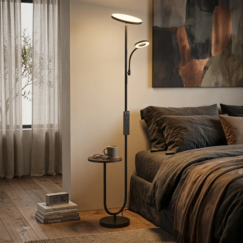 HOMCOM Uplighter Floor Lamp with Table and Reading Light, Dual Light Dimmable Standing Lamp with Remote & 4 Colour Temperatures