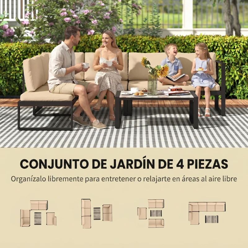 Outsunny Conjunto de Jardín Exterior de 4 Piezas con 2 Sofás de 2 Plazas 1 Sillón sin Brazos y Mesa de Centro con Cojines Caqui