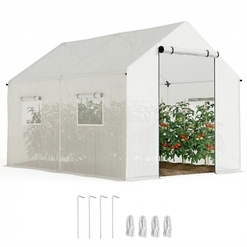 Outsunny Serre de jardin tunnel 2 x 3m, 6m² avec porte enroulable, 4 fenêtres, - Acier galvanisé PE Haute densité Blanc