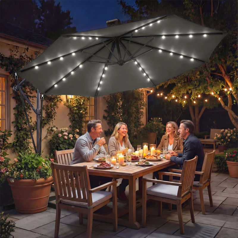 Outsunny Chapéu de Sol Excêntrico com Luzes LED Solares Ø345 cm Base Cruzada Manivela Capa Protetora Cinza Escuro