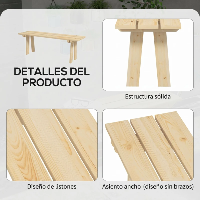 Outsunny Banco de Madera de 2 Plazas Carga 220 kg Banco de Exterior para Jardín Patio Terraza 130x38x45 cm Natural