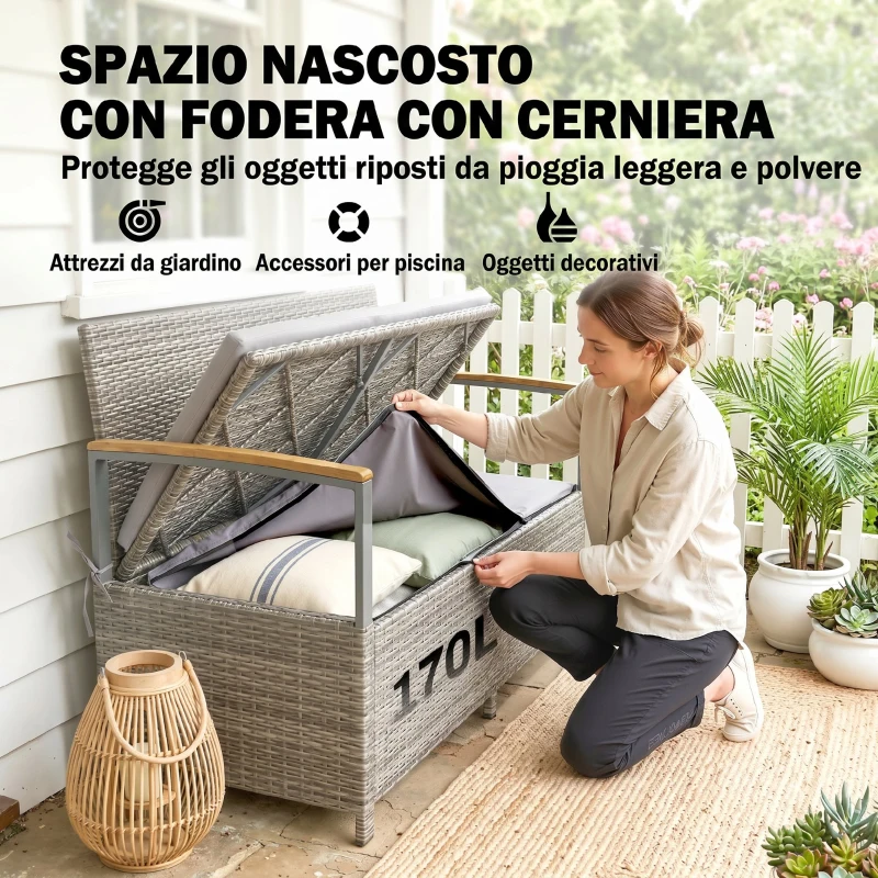 Outsunny Panca Giardino 170L, 2 Posti Rattan con Cuscino, Grigio Chiaro