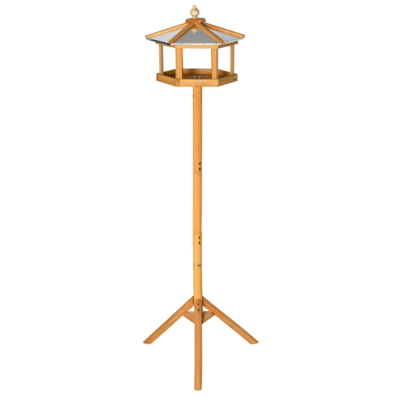 PawHut Domek dla ptaków ze stojakiem Drewniany karmnik z platformą skośny metalowy dach Ø57,7 x 153H cm Naturalne drewno