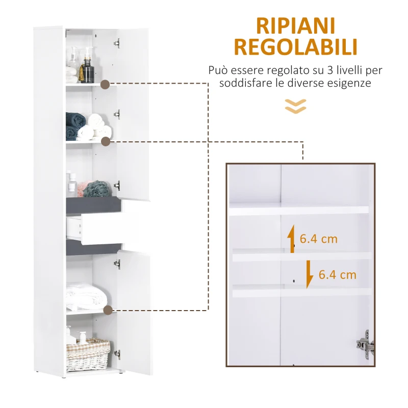 HOMCOM Colonna Bagno a 2 Armadietti con Ripiano Regolabile e Cassetto, in Truciolato, 35x31x172 cm, Bianco