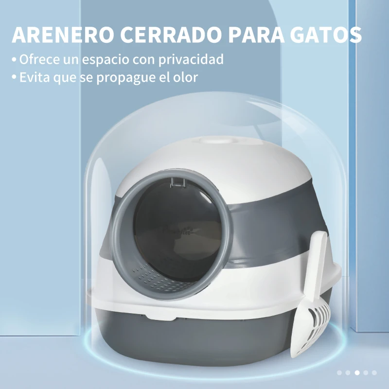 PawHut Caja de Arena para Gatos Plegable Arenero Cerrado para Gatos con Pala 52x41x38 cm Blanco y Gris