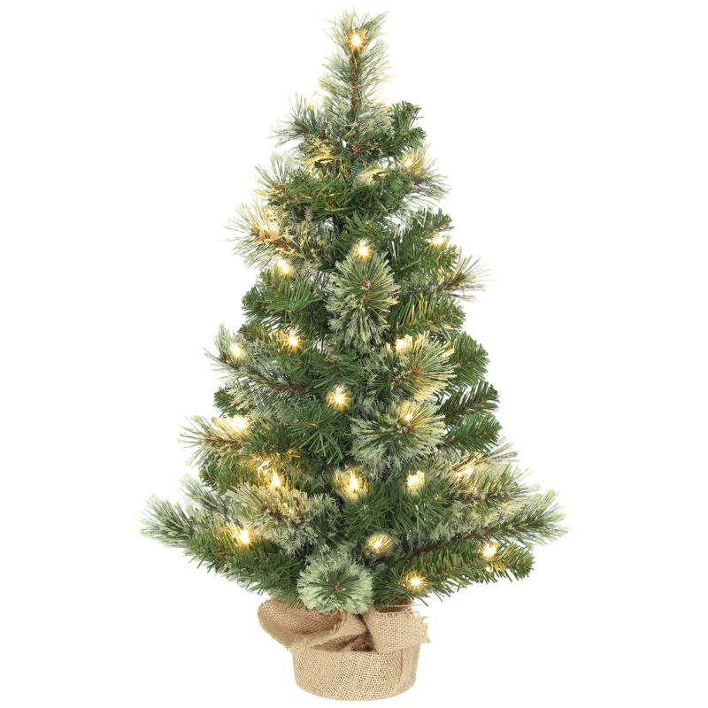 HOMCOM Brad de Crăciun Mic, Înălțime 60 cm cu 35 Luminite LED Albe, 68 Crengi Dese și Ignifuge, Verde