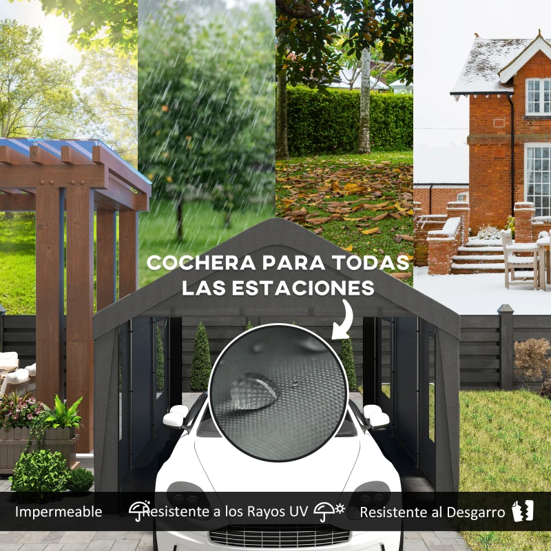 Outsunny Garaje Exterior para Coche 6x3,6 m Impermeable con Tejido PE Resistente Marco de Acero Paredes Desmontables Gris Oscuro
