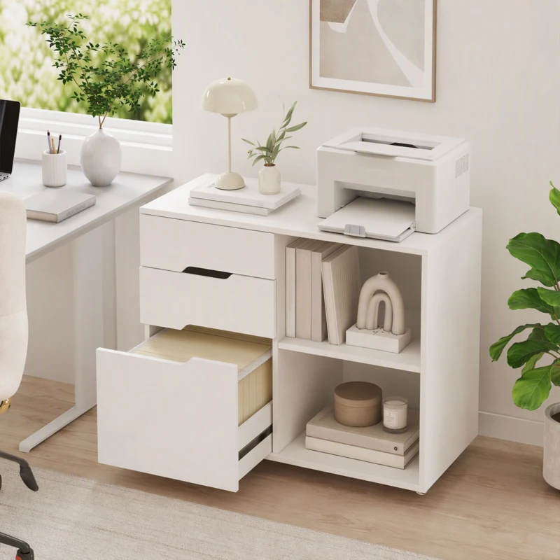 HOMCOM Mueble para Impresora con Ruedas 3 Cajones Barra Ajustable 2 Estantes Abiertos y Asas para Documentos Tamaño A4 Blanco