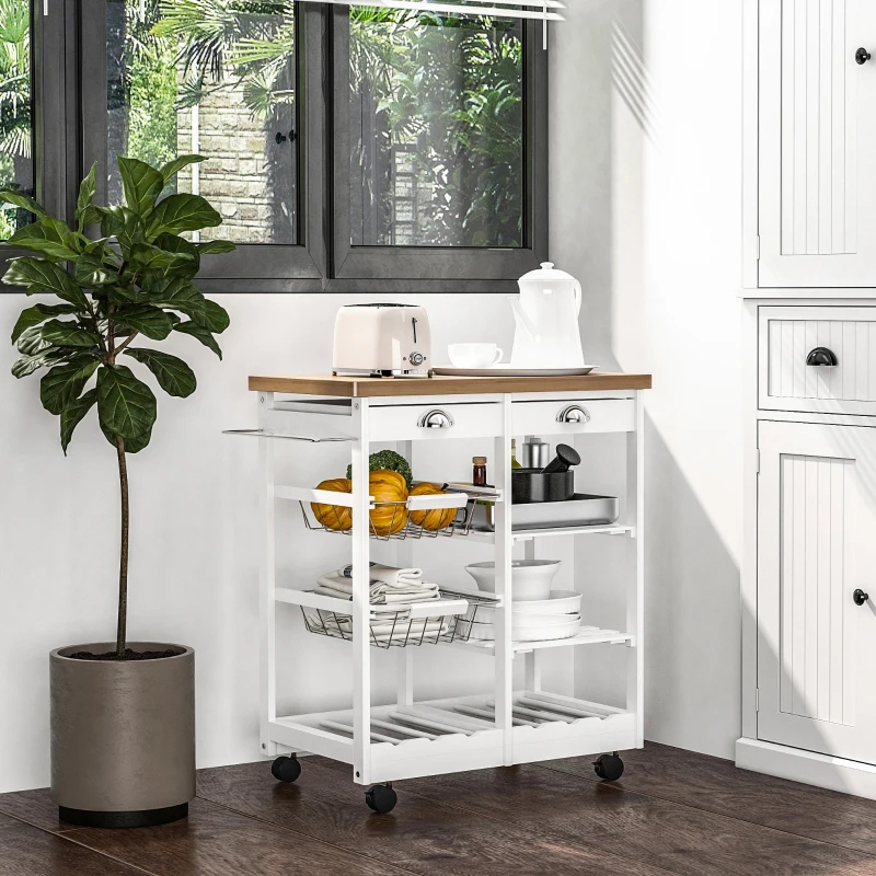 HOMCOM Carrello da Cucina Multiuso con 2 Cassetti, 2 Ripiani e 2 Cesti, in Legno di Pino, 74x37x76 cm, Bianco