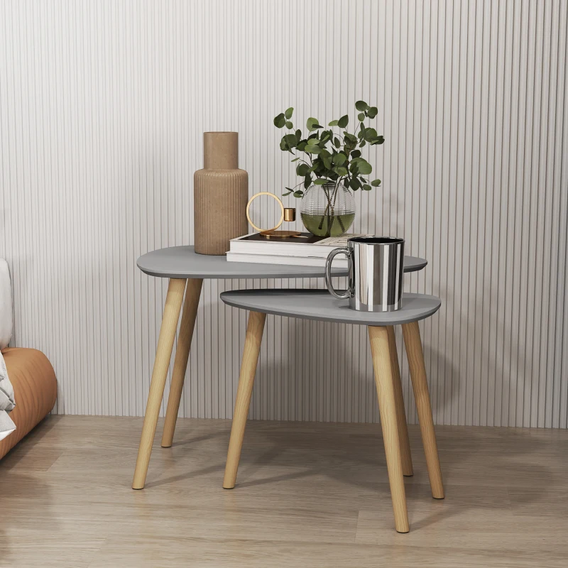 HOMCOM Juego de 2 Mesas Auxiliares Mesas Nido con Patas de Madera 59,5x39,5x45 cm y 44,5x28,5x40 cm Gris y Natural