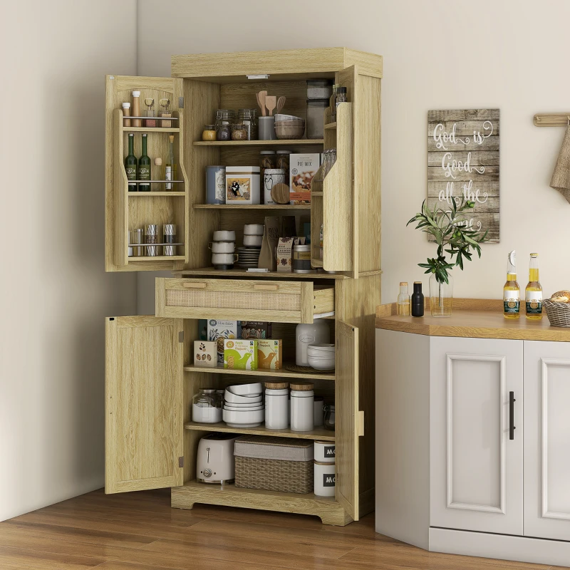 HOMCOM Bufet de Bucătărie Stil Boho cu 2 Dulapuri, Sertar și Suport pentru Condimente din Lemn și Ratan, 76x40x183cm, Stejar