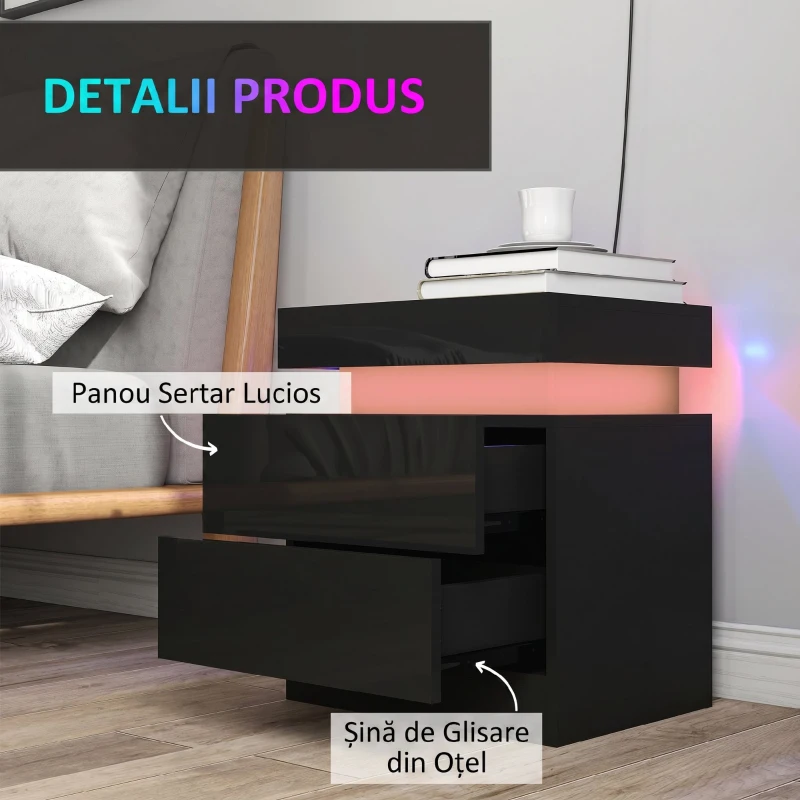 HOMCOM Set 2 Noptiere cu LED și 4 Moduri, 2 Sertare, Lemn, 45x35x52 cm, Negru Lucios