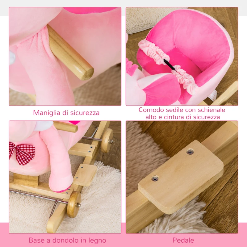 HOMCOM Animale a Dondolo a forma di Elefante con Rotelle e Cintura, in Peluche, Legno e Acciaio, 60x35x45 cm, Rosa