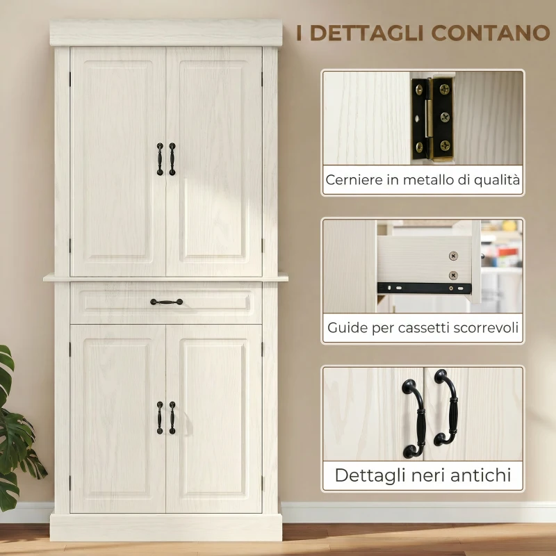 HOMCOM Credenza Cucina con 2 Armadietti e Cassetto in Stile Coloniale, 80x35x180cm Bianco
