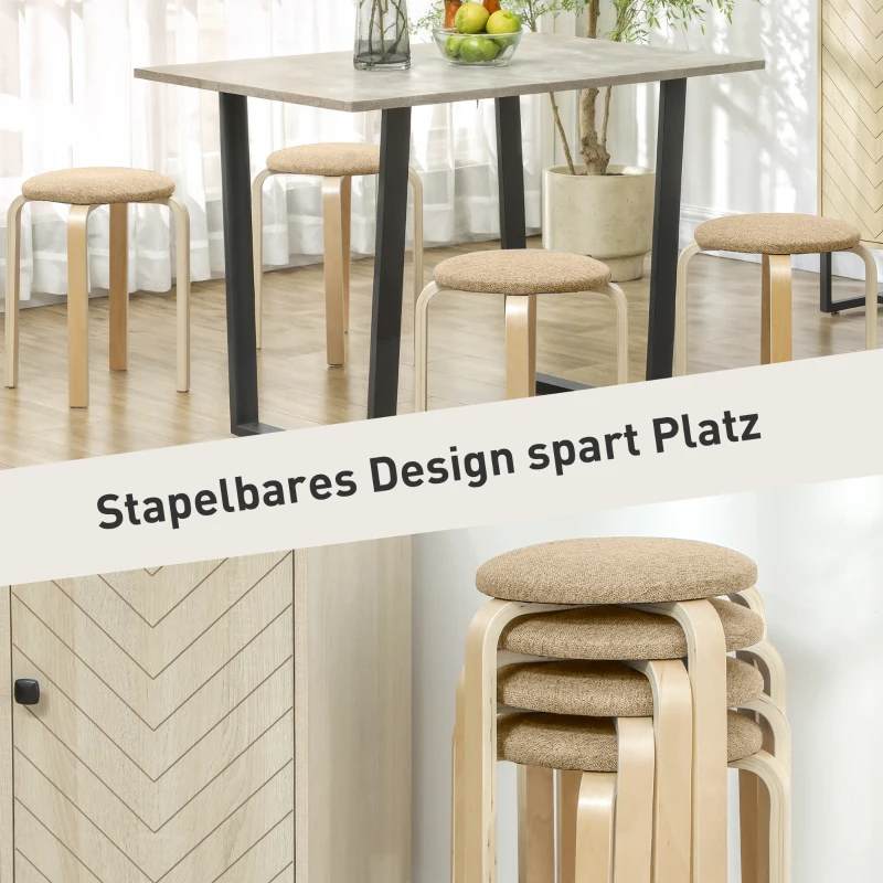HOMCOM Polsterhocker im 4er-Set, stapelbar, lackierte Oberfläche, Holzbeine, Khaki