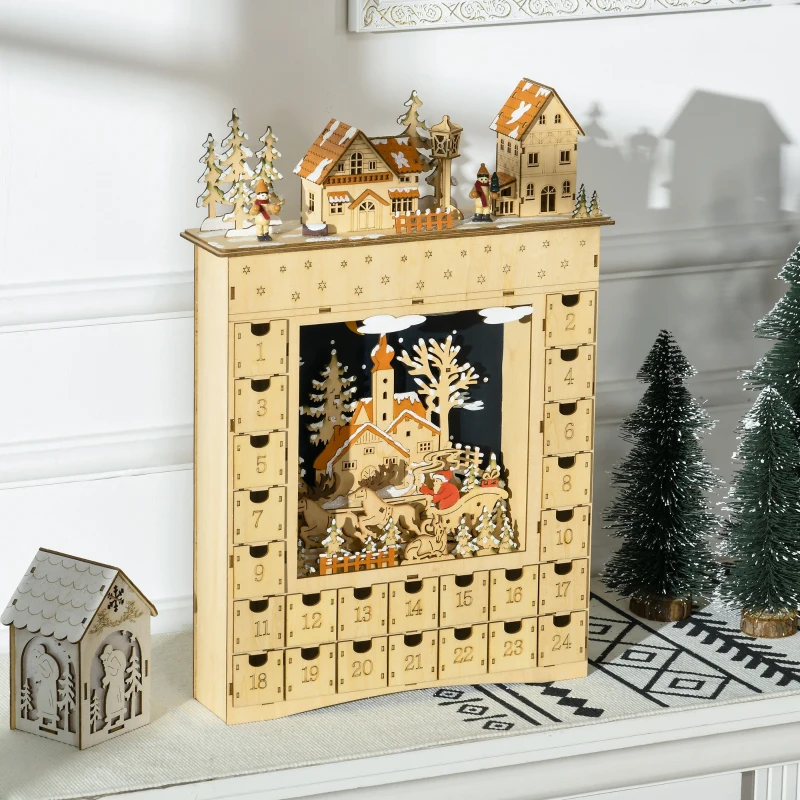 HOMCOM Calendrier de l'Avent LED en forme de village enneigé avec 24 tiroirs décoration lumineuse de Noël beige