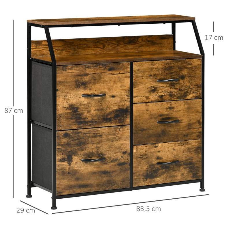 HOMCOM Commode meuble de rangement style industriel 5 tiroirs pliables en tissu - 83,5 x 29 x 87 cm