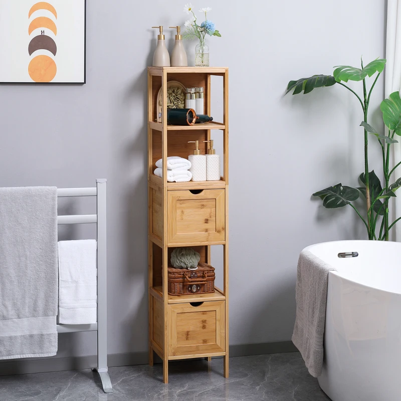 kleankin Badezimmerschrank, 3 Regale, 2 Schubladen, Bambus, 30 cm x 30 cm x 140 cm, Natur