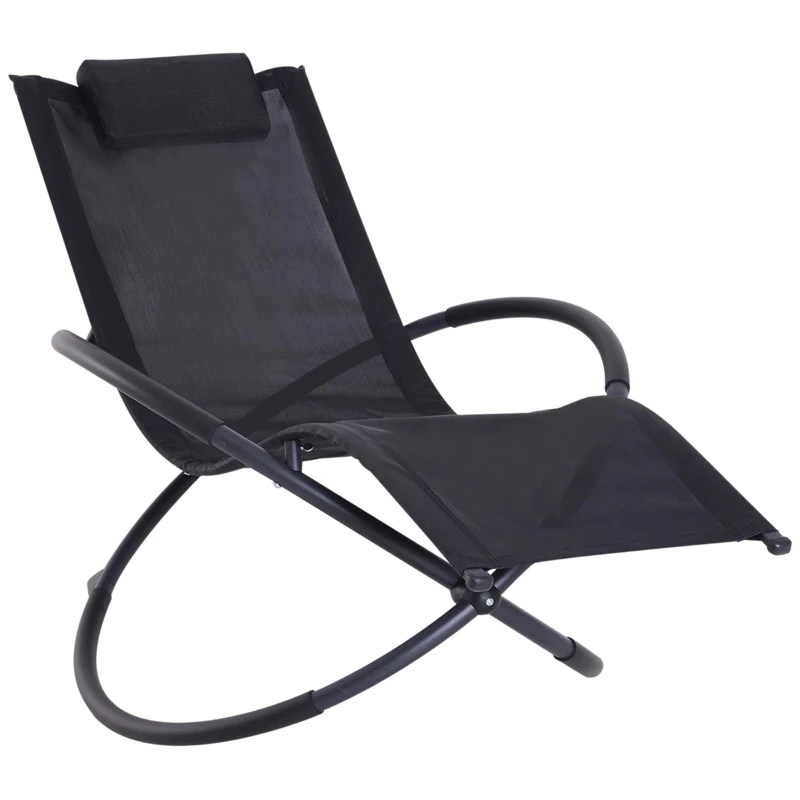 Outsunny Tumbona Mecedora de Jardín Plegable con Reposacabezas Extraíble Sillón Tumbona Ergonómica de Exterior Tela de Texteline para Patios Piscina al Aire Libre 154x80x84 cm Negro
