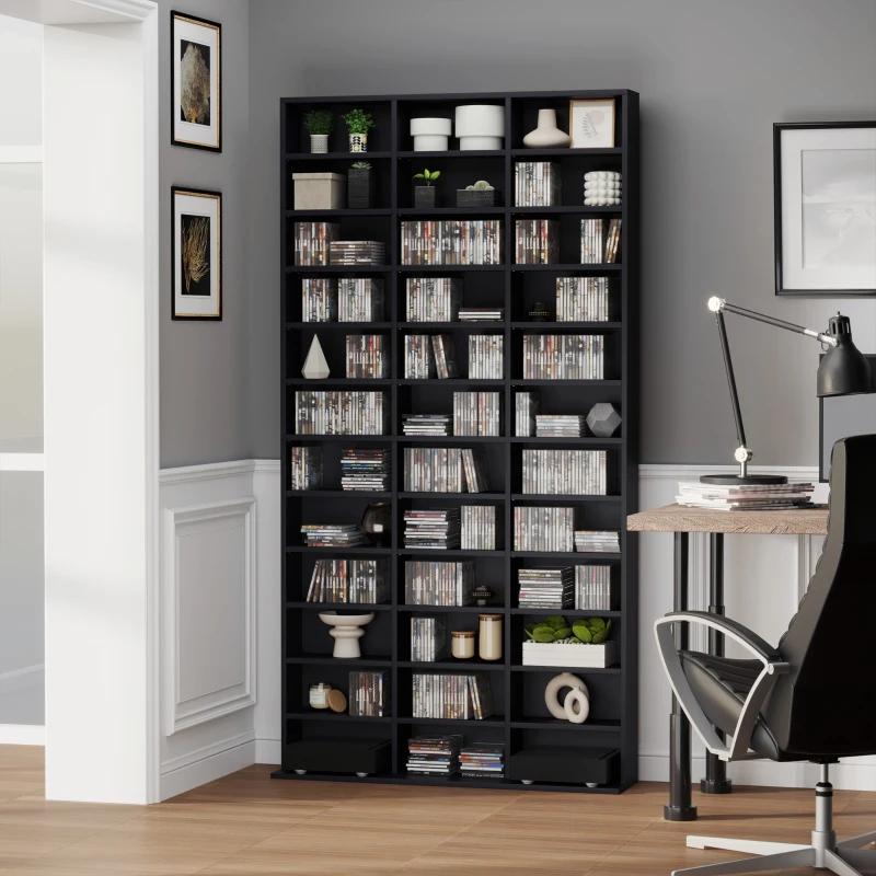 HOMCOM Rangements pour CD et DVD, étagère rangement, capacité max. 1116 CD/528 DVD, 36 compartiments et étagères réglables, pour bureau, salon, chambre, 102 x 23,5 x 195 cm, noir