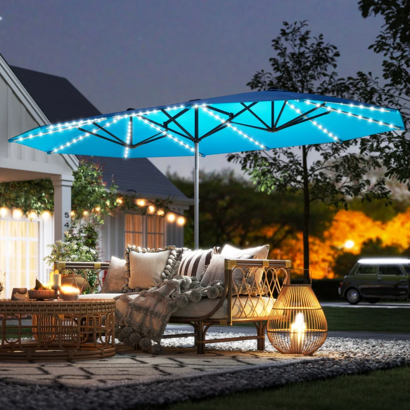 Outsunny Doppelschirm mit Solar-Lichtern, Aluminium, Polyester, UPF50+ Schutz, UV-beständig, Terrassenschirm, Blau