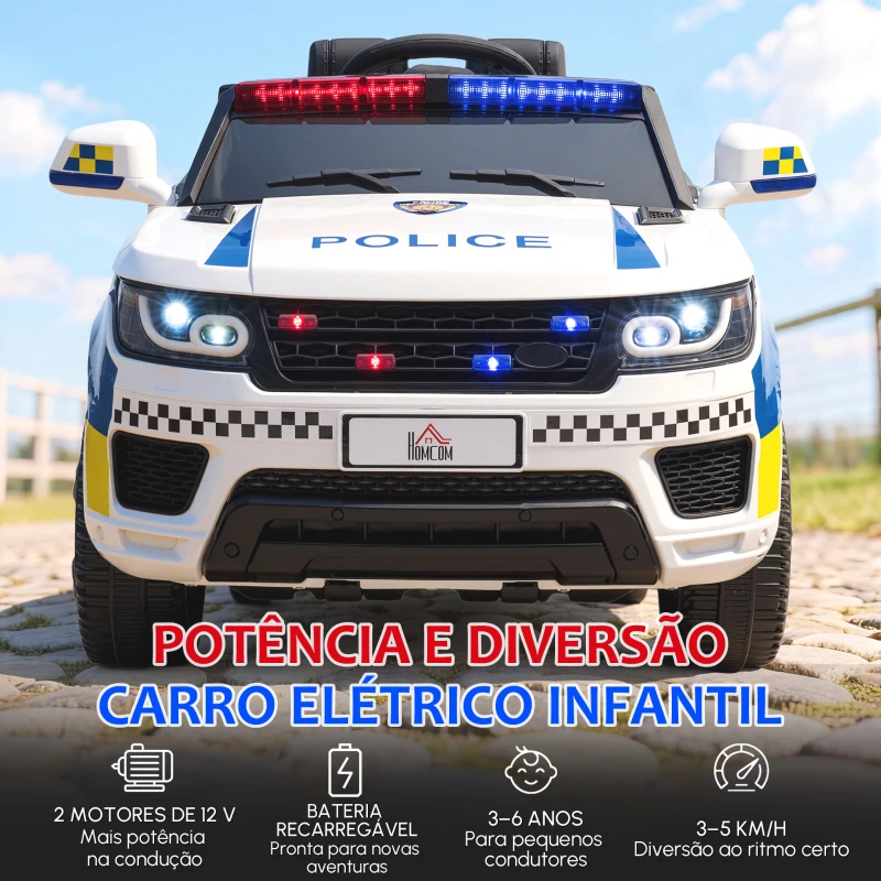 HOMCOM Carro Elétrico Crianças 12V Policial com Bluetooth USB Luz Sirene 110x68x52 cm Brincar Infantil Branco