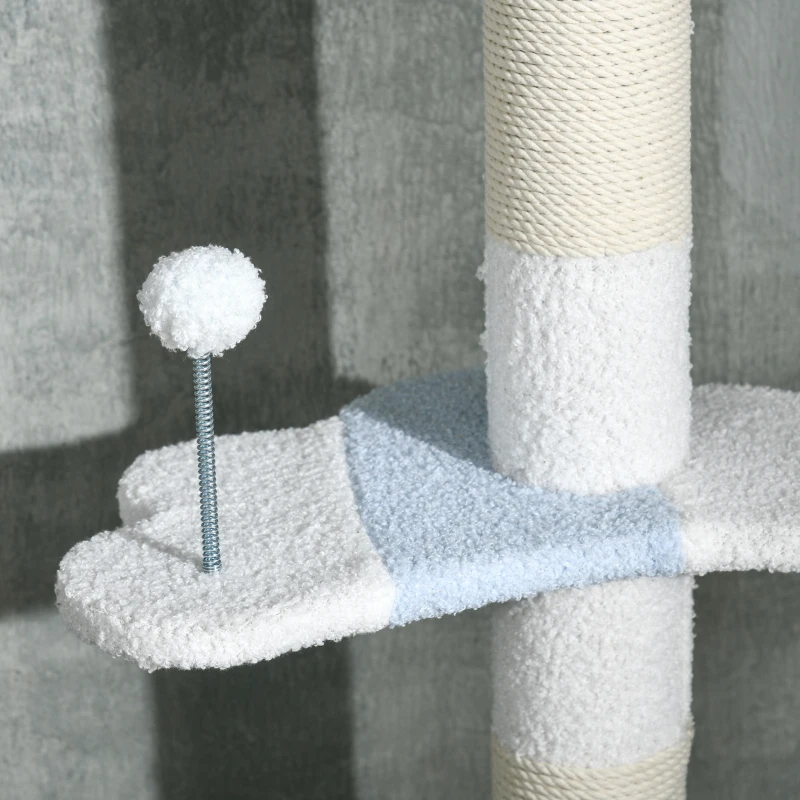 PawHut Albero Tiragraffi per Gatti a Soffitto con Palo Regolabile da 225-255 cm, Pallina e Piattaforme, Bianco