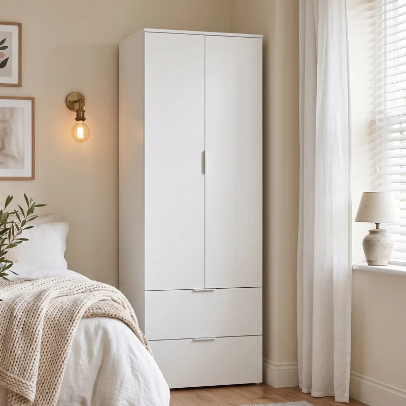 HOMCOM Armario Dormitorio con 2 Cajones, 2 Puertas con Cierre Suave y Barra de Suspensión, 60 x 47 x 180 cm, Blanco