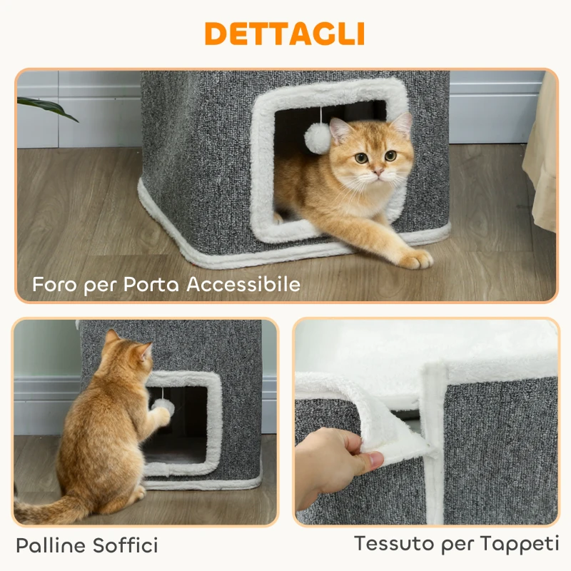 PawHut Torre per Gatti con 3 Casette, 3 Palline e Posatoio, in Legno, Tessuto e Peluche, 41x41x100 cm, Grigio e Bianco