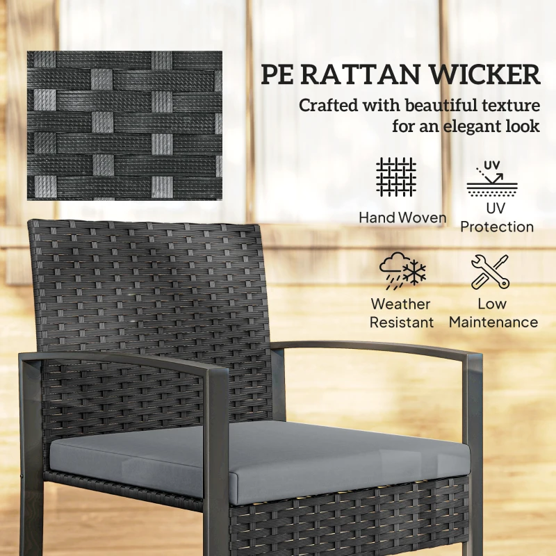 Outsunny Rattan Bistro Set, 3 Piece Garden Furniture Set with Glass Top Table and Cushions, Light Grey