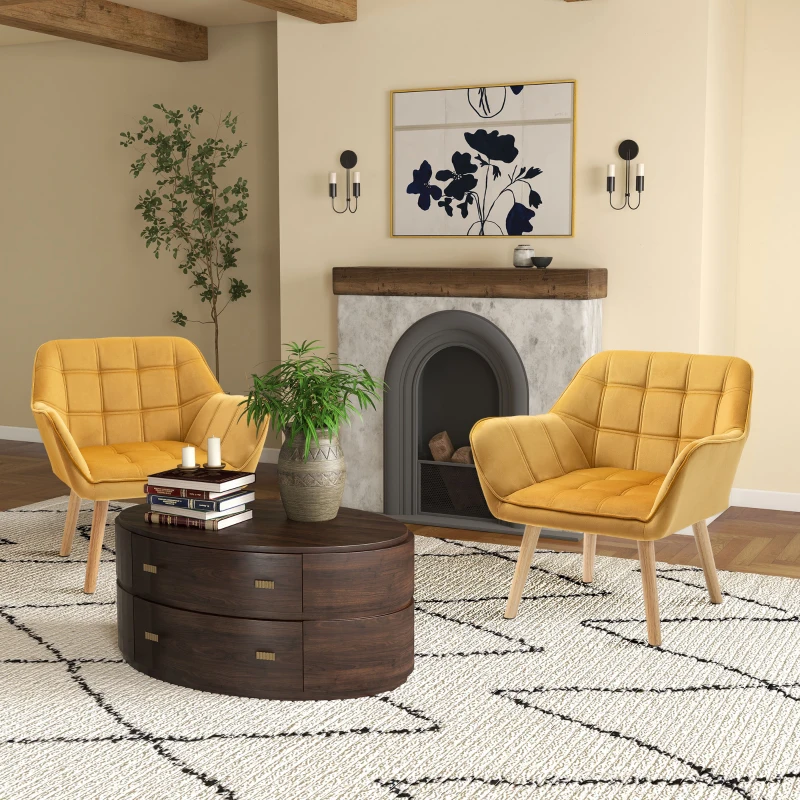 HOMCOM Accent Chair, Velvet Upholstered Vanity Tub Chair with Flared Armrests, Slanted Back, Solid Wood Legs, Comfy Padding Armchair, Home Bedroom Furniture Seating, Set of 2, Yellow