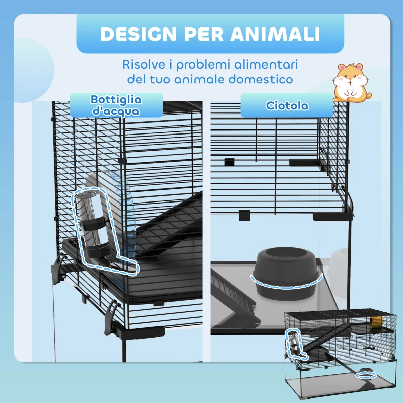 PawHut Gabbia per Criceti a 3 Livelli con Base in Vetro Temperato, Ruota e Accessori, 76.5x48.5x54.5 cm, Nero